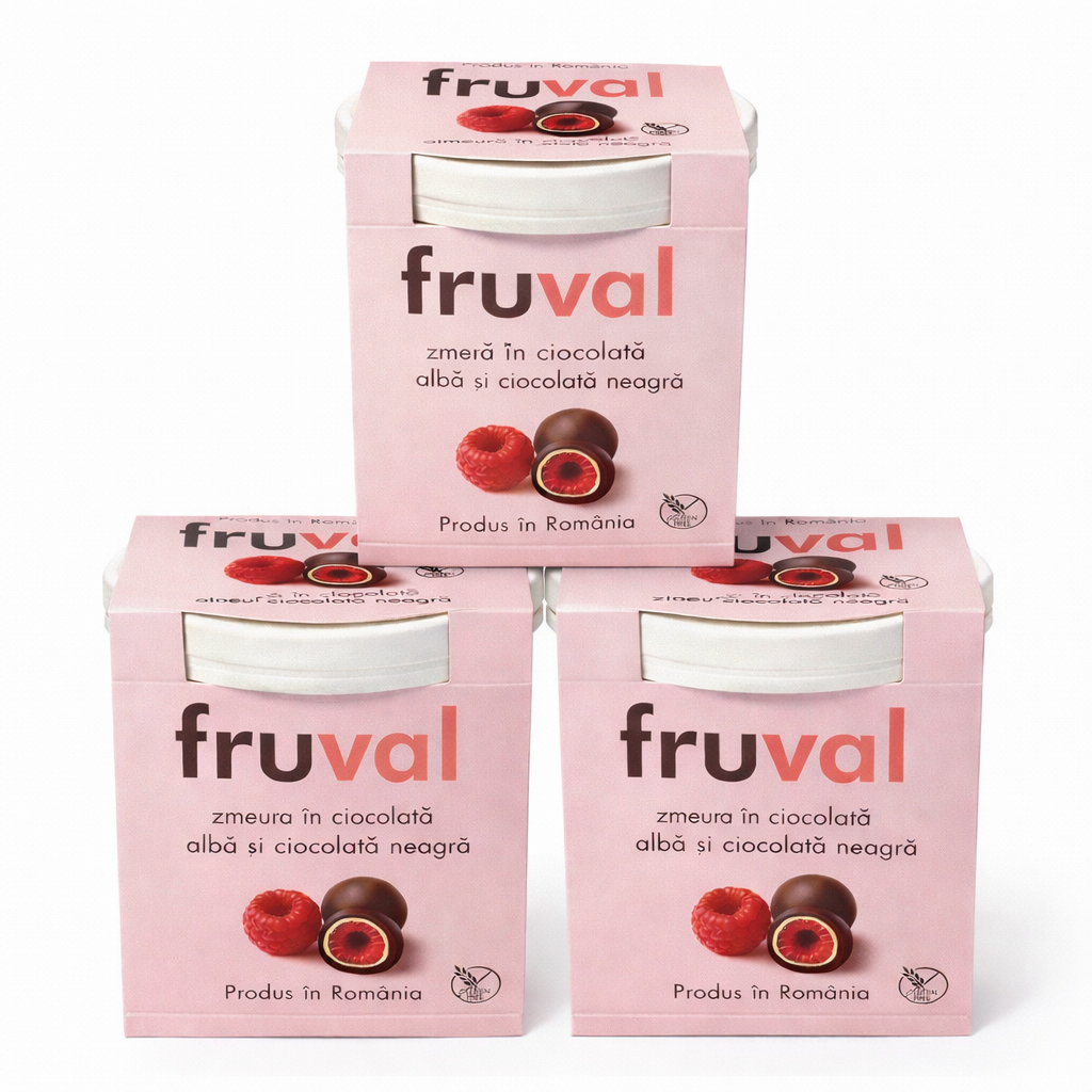 Set 3 cutii Fruval, Zmeură în ciocolată albă și ciocolată neagră